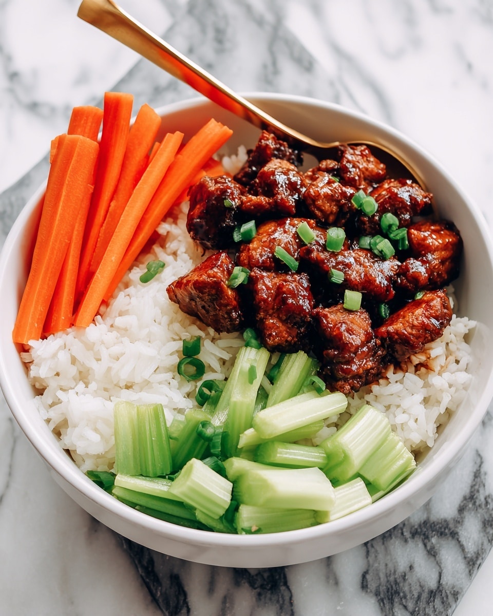 A white bowl holds a meal with four main layers. The bottom layer is white rice, covering most of the bowl. On one side, orange carrot sticks stand upright, next to bright green celery pieces scattered more loosely. The top layer is made up of dark brown glazed chicken chunks placed in the middle, shiny and coated with sauce. Small pieces of chopped green onions are sprinkled on top of the chicken and around the dish. The bowl is placed on a white marbled surface with a gold spoon inside. Photo taken with an iphone --ar 4:5 --v 7