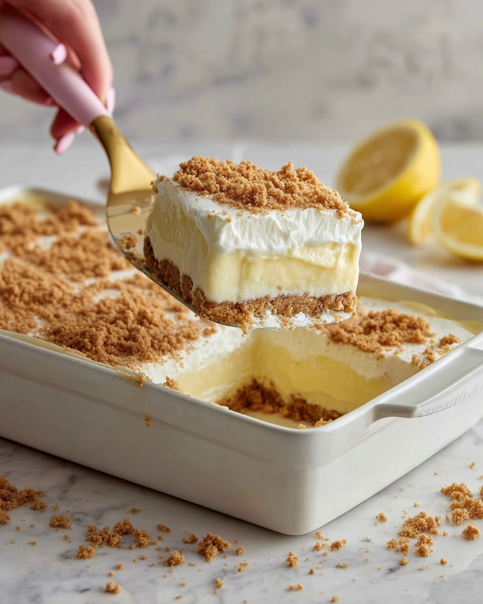 The image shows a white rectangular baking dish filled with a creamy layered dessert. The dessert has three layers: the bottom is a crumbly light brown crust, the middle is a pale yellow smooth filling, and the top is a thick, white creamy layer dusted with fine brown crumbs. A woman's hand is holding a gold and pink spatula lifting a square piece of the dessert out of the dish, showing all three layers clearly. The dish sits on a white marbled surface, with some crumbs inside the dish and a few lemon slices in the background. Photo taken with an iphone --ar 4:5 --v 7