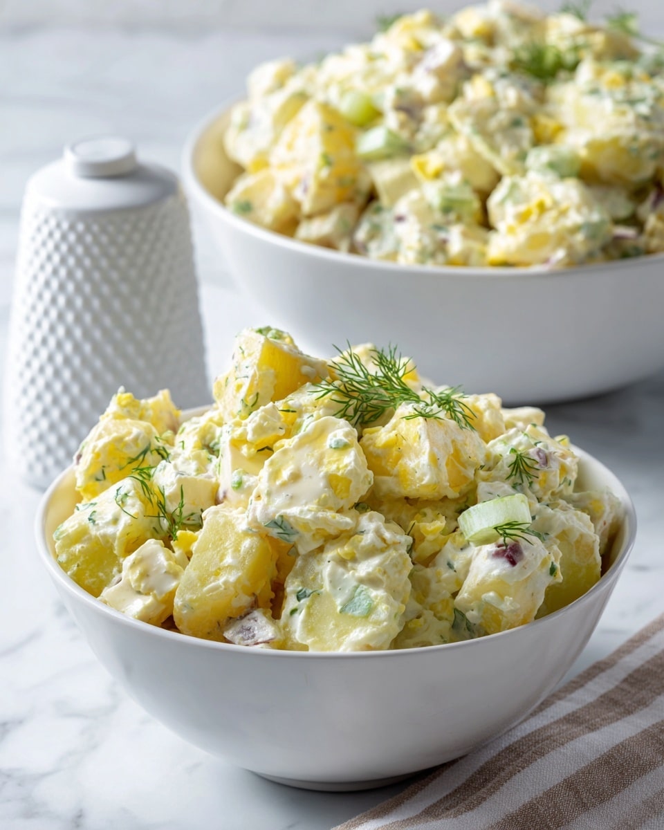 A white bowl filled with creamy potato salad showing chunks of light yellow potato, white pieces of egg, and light green slices of celery mixed with small bits of green herbs on top, creating a fresh and textured look; behind this bowl is a larger white bowl also filled with the potato salad, all placed on a white marbled surface with a white textured salt shaker nearby; the colors are soft and natural with a focus on the texture of the salad ingredients and the smooth white bowls photo taken with an iphone --ar 4:5 --v 7
