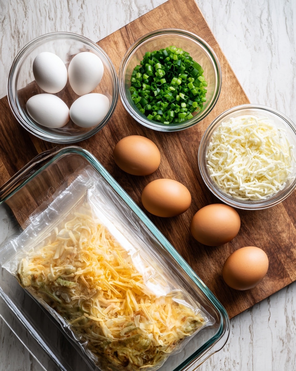 The image shows a clear glass container on a wooden surface with a white marbled background. Inside the container, there are three main items: a small clear bowl filled with chopped green onions, another small clear bowl containing four brown eggs, and two bags of shredded cheese leaning against each other. One cheese bag is labeled