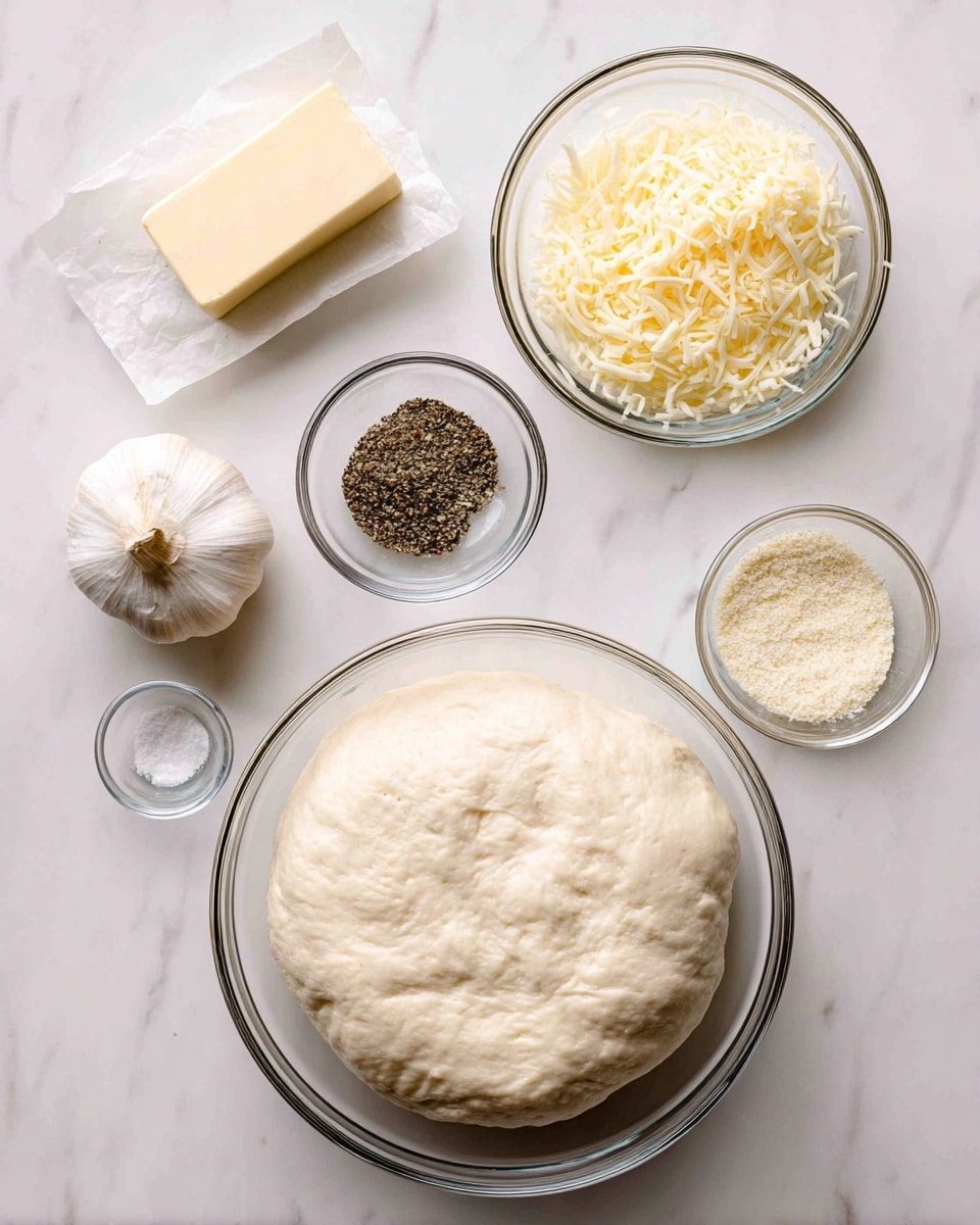A flat lay image showing ingredients on a white marbled surface arranged in clear glass bowls and space. In the bottom center, a large clear glass bowl holds pale beige, soft pizza dough with a smooth and slightly wrinkled texture. To the top left, there is a stick of butter wrapped in paper with measurement marks visible. Above the dough on the right, a smaller clear glass bowl contains finely shredded pale yellow parmesan cheese. Below the cheese, another glass bowl is filled with dried black pepper flakes. To the left of the pepper, a whole white garlic bulb is placed directly on the surface. Below the garlic bulb, two small clear glass bowls hold garlic powder with a light yellow color and salt with a sparkling white color. All items are neatly spaced, showcasing a clean and organized preparation setup. Photo taken with an iphone --ar 4:5 --v 7