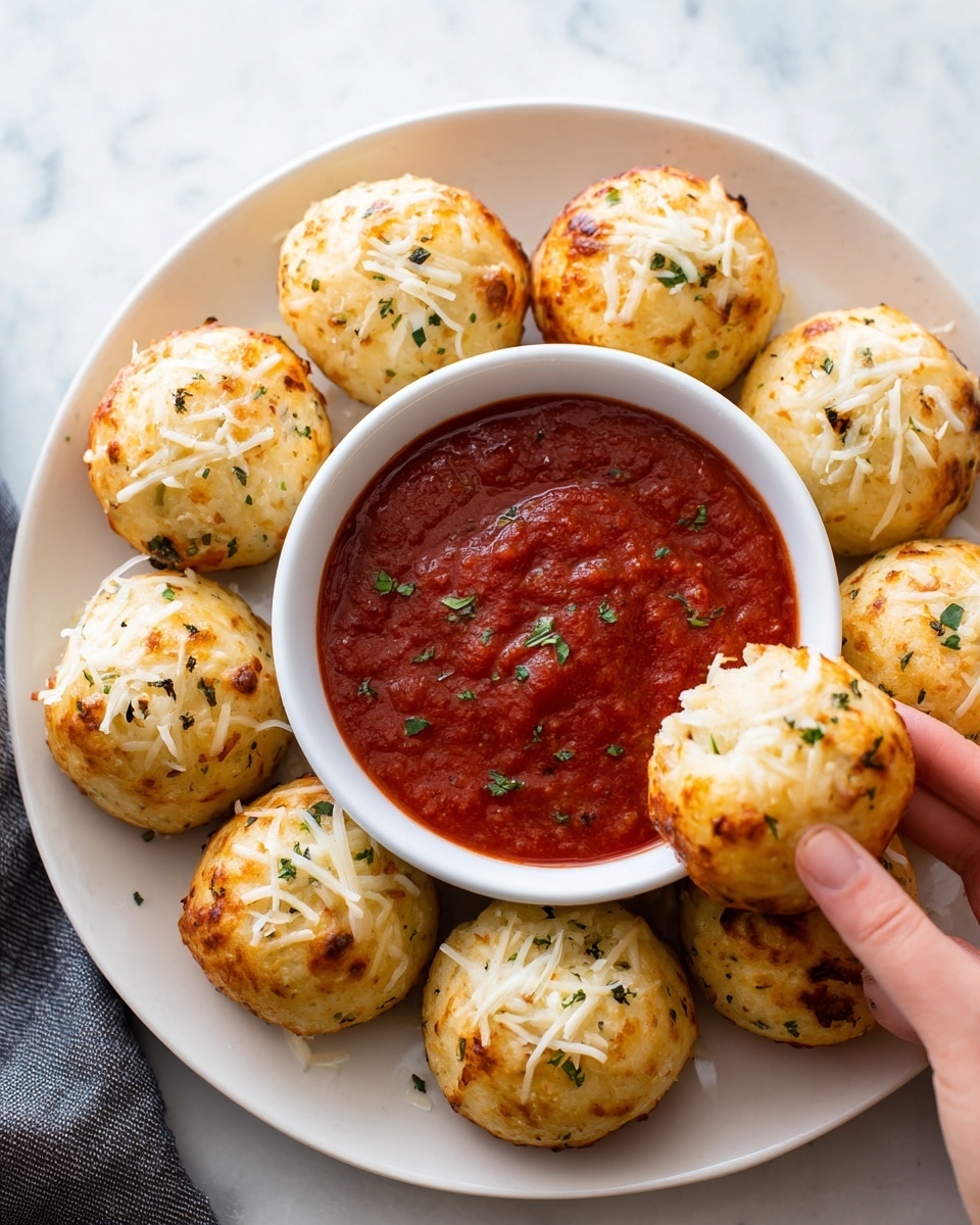 On a white plate with a white marbled textured background, there are eight small round golden-brown dough balls, each topped with bits of melted shredded white cheese and green herbs. In the middle of the plate, a white bowl is filled about halfway with a thick red marinara sauce with visible herbs and spices. A woman's hand is holding one dough ball partly dipped in the sauce, showing the dough ball’s soft and slightly textured surface with herbs and cheese on top. Photo taken with an iphone --ar 4:5 --v 7