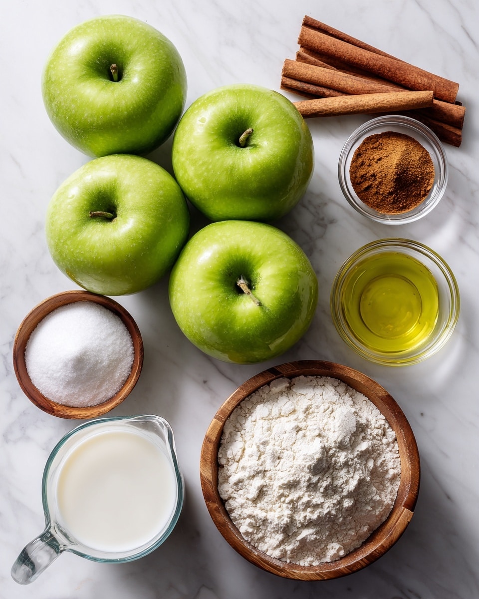 A group of four large green apples and one large red apple sit clustered on a white marbled surface next to a small wooden basket. To the top right, a small clear glass bowl holds cinnamon powder, to the right below is a white bowl filled with light yellow oil. Below and to the left are two small wooden bowls, one with white cornstarch and the other filled with white sugar. At the bottom, a clear glass measuring cup holds white milk, and a larger wooden bowl beside it contains white flour, all arranged neatly on the white marbled surface. Photo taken with an iphone --ar 4:5 --v 7