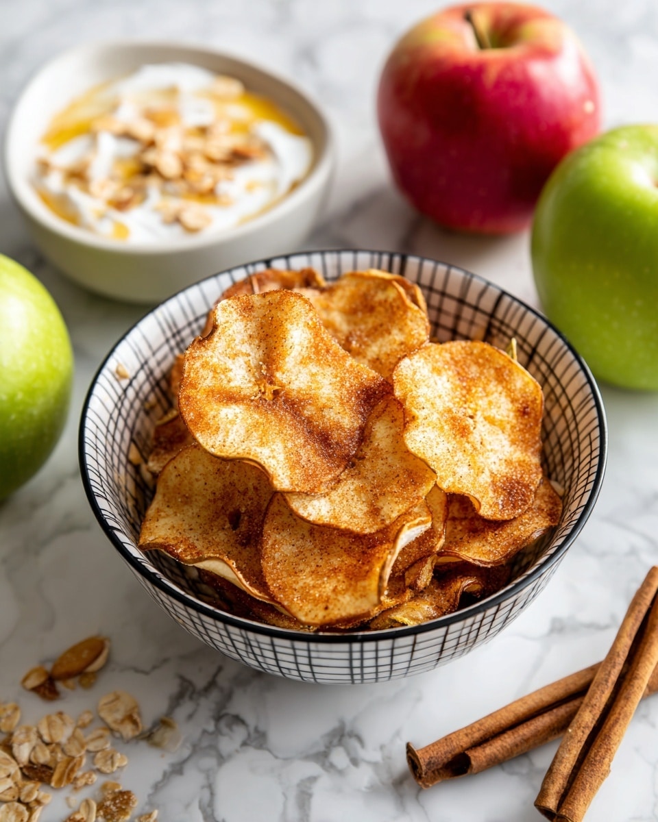 A small white bowl with a black grid pattern is filled with golden brown apple slices coated in cinnamon sugar, stacked closely together showing their crunchy texture. Around the bowl are two whole apples, one green and one red, placed on a white marbled surface. Next to the bowl is a white bowl of creamy yogurt topped with honey, white almond slices, and brown granola pieces. Two cinnamon sticks lie near the bottom right corner of the image. Photo taken with an iphone --ar 4:5 --v 7