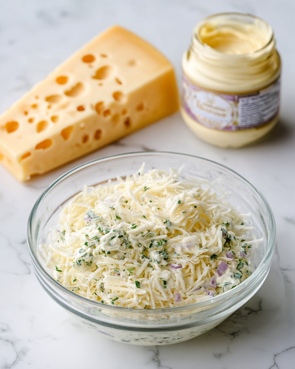 A clear glass bowl sits on a white marbled surface filled with three main layers of ingredients: finely shredded pale yellow cheese on the left, a creamy white mixture with small green herb pieces spread in the middle, and finely chopped purple onion pieces scattered throughout the creamy mixture and around the right side. Behind the bowl, a jar of light yellow mayonnaise with a blue label and a wedge of pale yellow cheese with holes rest on the white marbled surface. Photo taken with an iphone --ar 4:5 --v 7