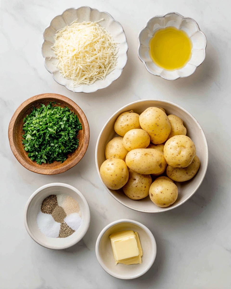 A top-down view of five small white bowls arranged on a white marbled surface, each holding a different ingredient. The largest bowl, at the center right, is filled with light yellow baby Dutch yellow potatoes. To its top right is a fluted white bowl divided into three piles of spices: light beige garlic powder, white salt, and black pepper. Above the potatoes and slightly left is a smooth white bowl filled with golden olive oil. Below the potatoes, at bottom right, there is a small white bowl holding light yellow melted butter. At bottom left, a white bowl full of finely grated pale Parmesan cheese sits near a wooden bowl containing fresh, chopped vibrant green parsley. photo taken with an iphone --ar 4:5 --v 7
