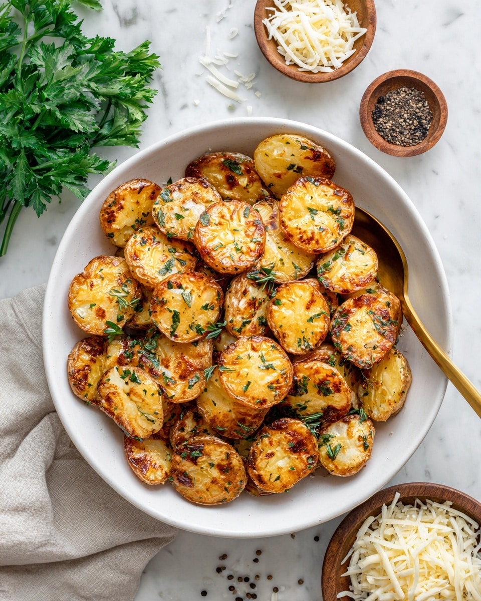 A bowl filled with round, golden-brown roasted potato slices, each piece showing a crispy texture with browning and small herb bits sprinkled on top. The potatoes have a mix of yellow and light brown colors with green herb flakes scattered evenly. A gold spoon leans inside the white bowl, partly under the potato slices. Around the bowl, there are scattered shreds of white cheese and small wooden bowls holding shredded cheese, chopped green herbs, and a sprinkle of black pepper on a white marbled surface. Fresh green parsley leaves rest to the left side. Photo taken with an iphone --ar 4:5 --v 7