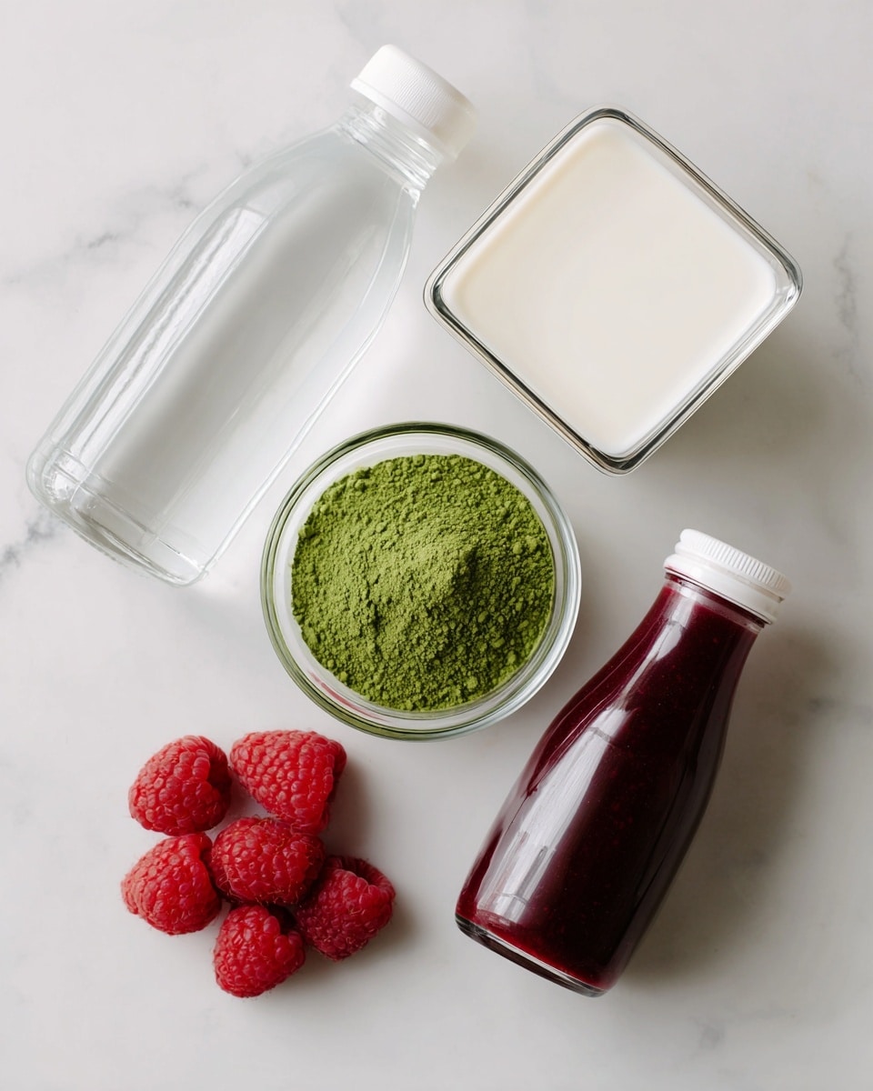 The image shows a top view of ingredients on a white marbled surface. There is a clear glass bottle of water with a white cap in the upper left area, next to a square clear container filled with white almond milk near the top right. Below and to the left of the water, there is a small clear bowl containing fine green matcha powder. To the right, there are three fresh red raspberries arranged closely together. In the bottom right corner, there is a glass bottle with dark red raspberry syrup, seen from above with the white cap visible. The colors are mainly white, green, and red with a clean and simple layout. Photo taken with an iphone --ar 4:5 --v 7