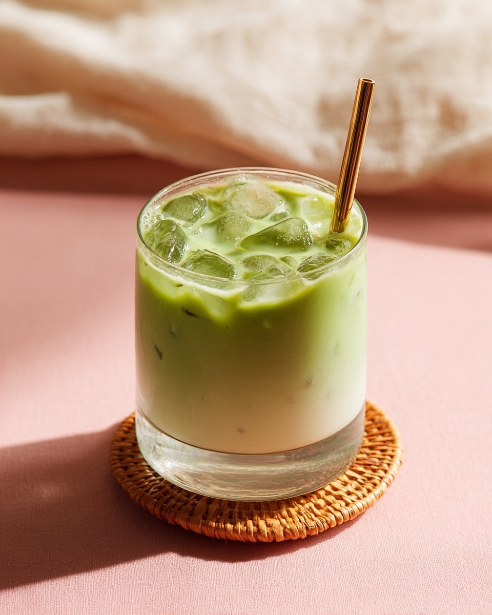 A short clear glass shows a two-layer iced drink on a light tan woven coaster. The bottom layer is creamy white with a smooth texture, and the top layer is green with a foamy surface. Several ice cubes float in the green layer, and a shiny gold metal straw stands upright in the glass. The drink is placed on a soft pink surface with a blurry white and tan cloth in the background. photo taken with an iphone --ar 4:5 --v 7