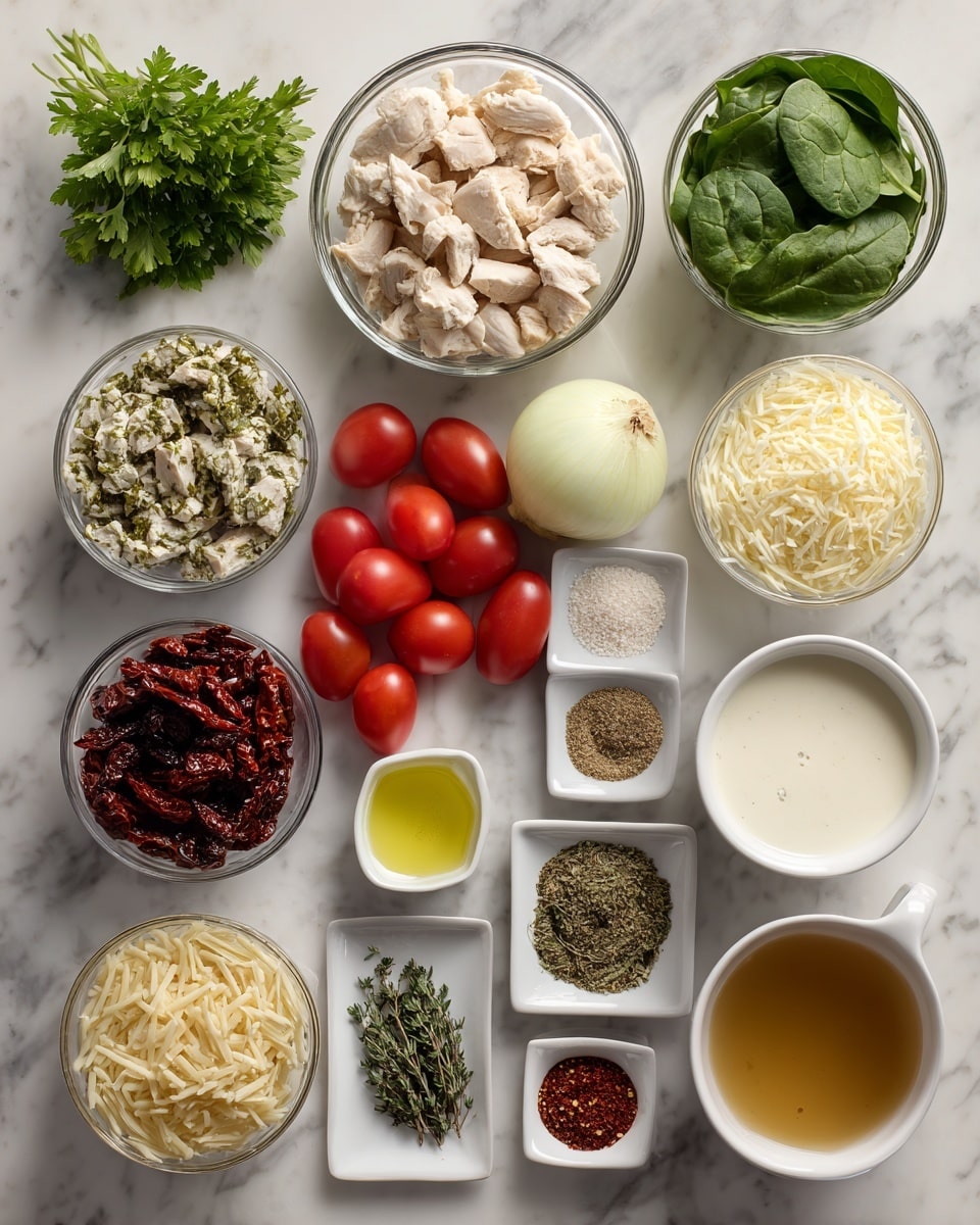 The image shows many ingredients neatly arranged on a white marbled surface. At the top left, there is a small bunch of fresh green parsley next to a clear bowl with light beige cooked chicken pieces. To the right of the chicken is a clear bowl filled with fresh dark green spinach leaves. Below the parsley is a small container of light yellow avocado oil, and next to it is a whole white onion. Below the onion is a small white bowl filled with dark red sun-dried tomatoes. To the right of the sun-dried tomatoes is a clear bowl filled with smooth white heavy cream. Next to the heavy cream is a clear bowl filled with light yellow shredded Parmesan cheese. To the right of the cheese is a white bowl with golden-brown chicken broth. Below the broth, a small white square dish holds light beige garlic powder, black pepper, kosher salt, and onion powder in neat piles. Next to those spices are small clear bowls with green oregano, whole white garlic, and dried thyme. At the bottom center, a white bowl is filled with bright red cherry tomatoes, and to the left of it is a metallic strainer holding dry light golden orzo pasta. Finally, two small clear bowls at the bottom hold dark dried red pepper flakes and reddish-brown paprika powder. The lighting is soft and natural, enhancing the fresh look of the ingredients photo taken with an iphone --ar 4:5 --v 7