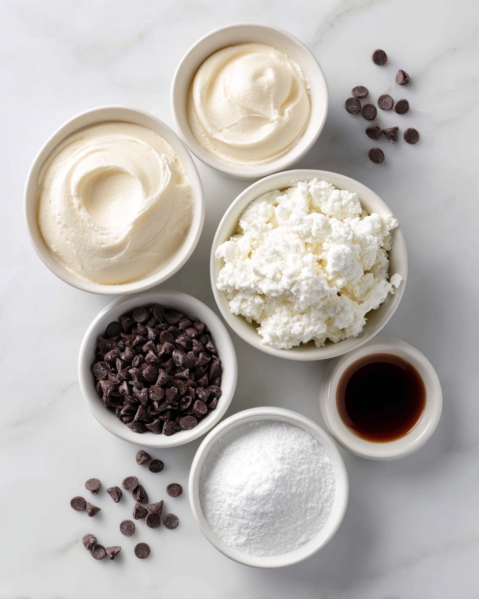 The image shows five white bowls arranged on a white marbled surface. The top left bowl contains smooth, creamy mascarpone cheese in an off-white color. Below it, a larger bowl is filled with fluffy, slightly textured ricotta cheese, pure white in color. To the top right, a small bowl holds a dark brown vanilla liquid, glossy and rich. On the bottom left, a bowl is full of small, dark mini chocolate chips with a shiny surface. Lastly, the bottom right bowl contains fine, white confectioners sugar that looks soft and powdery. Scattered around the bowls are several mini chocolate chips for added detail. Photo taken with an iphone --ar 4:5 --v 7