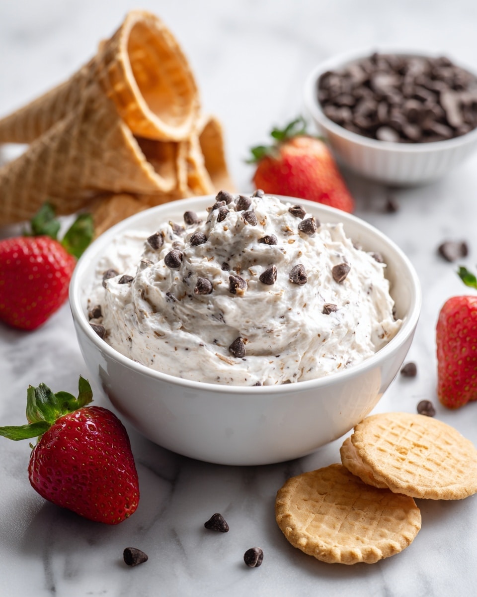 A white bowl filled with a creamy, thick dip that is white with small chocolate chips mixed inside, topped with more chocolate chips scattered over the surface. Around the bowl are several golden waffle cones stacked, bright red strawberries with green leaves, and a few round golden waffle cookies. In the background, there is a white bowl full of small chocolate chips. All items rest on a white marbled surface photo taken with an iphone --ar 4:5 --v 7