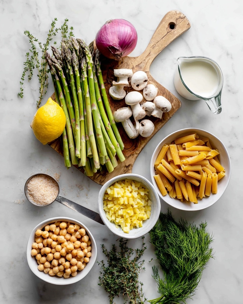 A top view shows fresh ingredients arranged neatly on a white marbled surface. At the center, a wooden cutting board holds a bunch of green asparagus spears placed horizontally, with white mushrooms gathered above them. To the right, a white bowl is filled with raw, orange-brown pasta pieces standing upright. Below the board, a white bowl holds round, pale yellow chickpeas. Next to it, bright green dill herbs are spread out, and a white measuring cup filled with white almond milk is placed nearby. Above the dill, a halved lemon sits with bright yellow flesh. To the left, a halved purple onion rests on the surface, and a sprig of thyme lies just above the lemon. A small white bowl holds chopped yellow garlic pieces with a woman’s hand-sized metal spoon filled with light pink salt next to it. A metal measuring scoop with pale yellow nutritional yeast completes the scene at the top left. The photo taken with an iphone --ar 4:5 --v 7