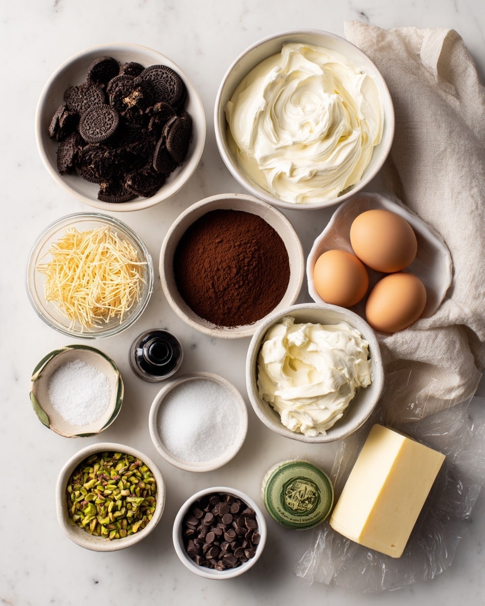 The image shows many ingredients laid out on a white marbled surface. On the top left is a white bowl filled with dark crushed Oreos. To its right is a white bowl with smooth, creamy white cream cheese. Next to it are two brown eggs resting in a white container on a soft white cloth. Below the cream cheese is a small white bowl filled with dark brown cocoa powder. To the left side of the cocoa bowl, there is a small dark bowl with light golden kataifi strands. Above the kataifi bowl is a small black bottle of vanilla extract. Near the middle is a white bowl with white granulated sugar. Below this is a small white dish of chopped green pistachios next to a green jar of pistachio cream. There is also a small dark bowl filled with dark chocolate chips, a small dark bowl with white chocolate chips, a little white bowl with smooth sour cream, and a wrapped stick of pale yellow butter. The items are neatly arranged in a flat lay style on the white marbled surface. Photo taken with an iphone --ar 4:5 --v 7