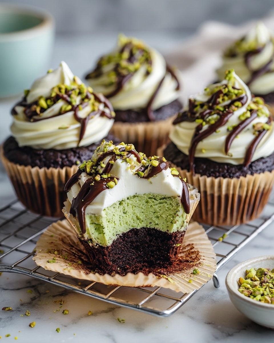 The image shows a close-up of five chocolate cupcakes with three visible layers: the dark, crumbly base, a middle green pistachio-flavored cream layer with a textured appearance, and on top a smooth white cream dollop decorated with crushed green pistachio pieces. The cupcakes have drizzled dark chocolate lines on the top and sides, and one cupcake in the front has a bite taken out, showing the inside layers clearly. The cupcakes sit in light brown paper liners on a metal rack over a white marbled surface. In the background, blurred out, is a small white bowl with crushed pistachios. Photo taken with an iphone --ar 4:5 --v 7