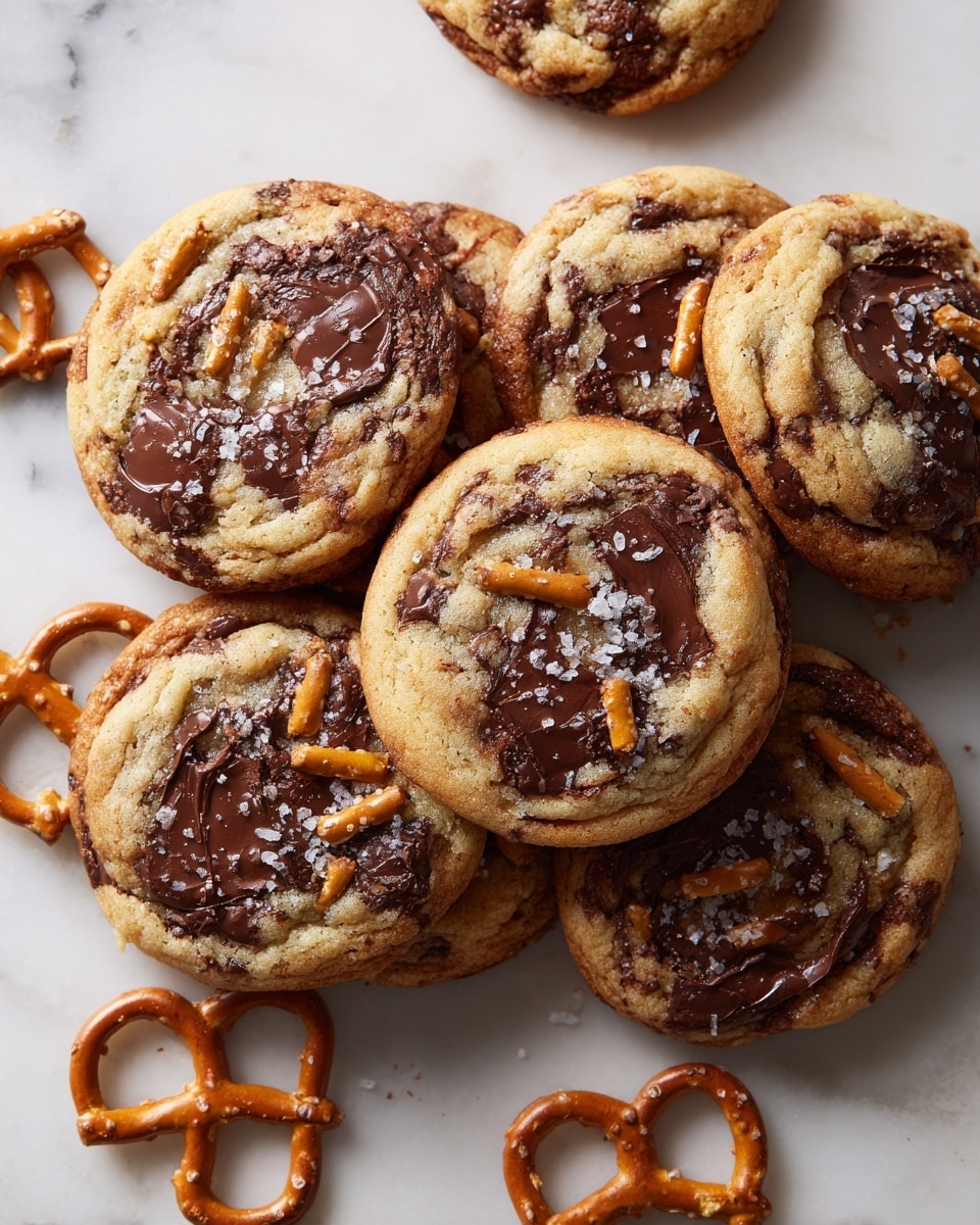 A clear glass bowl sits on a white marbled surface, filled with cookie dough ingredients that include light brown wet mixture, white flour, broken pretzel pieces with a golden color, and dark brown chocolate chunks, with a steel whisk resting in the bowl. Beside it, a metal baking tray holds fifteen evenly spaced scoops of cookie dough, each scoop showing texture with chocolate chunks and pretzel bits visible in the light brown dough. The baking tray is set on the same white marbled surface. photo taken with an iphone --ar 4:5 --v 7