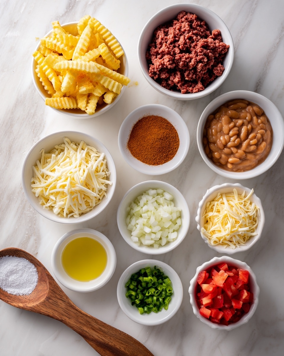 The image shows nine white bowls and one wooden spoon with ingredients for a recipe, all placed on a white marbled surface. The largest bowl at the top left holds pale yellow frozen crinkle-cut French fries with a rough texture. Next to it on the right is a bowl with dark red ground beef, chunky and moist. Below the fries is a small bowl with fine orange taco seasoning powder. To its right is a large bowl filled with smooth, light brown refried beans. Below the beans is a medium bowl of chopped white onions in small cubes. Next to the onions is a small bowl with bright green chopped green onions. Below the seasoning is a bowl with shredded pale yellow cheese with a soft texture. Next to the cheese is a small bowl with bright red diced tomatoes. Below the tomatoes is a small bowl with pale yellow olive oil, shiny and smooth. A wooden spoon with coarse white salt is placed diagonally on the left bottom corner. Photo taken with an iphone --ar 4:5 --v 7