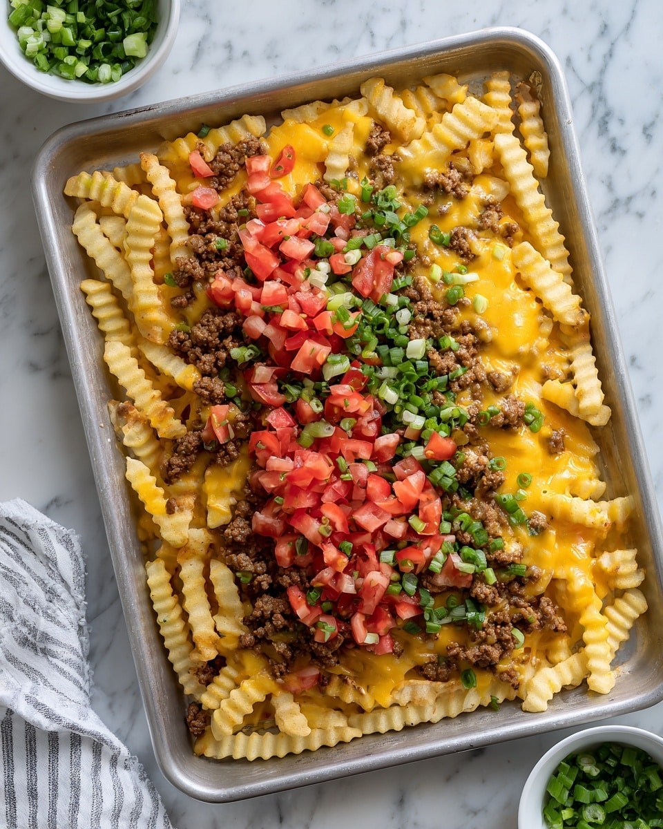 This image shows a large silver baking tray filled with three layers of food. The bottom layer is crinkle-cut fries, golden yellow and slightly crispy. The middle layer is melted cheese, creamy and light beige, spread evenly across the fries. On top of the cheese are small bits of cooked ground meat, browned and crumbly in texture. Scattered over the meat are fresh diced tomatoes, bright red and juicy, and chopped green onions, vibrant and fresh-looking. The tray is placed on a white marbled surface with a small white bowl of green onions in the top right corner. There is a striped white cloth in the bottom left corner with a woman's hand near it. Photo taken with an iphone --ar 4:5 --v 7