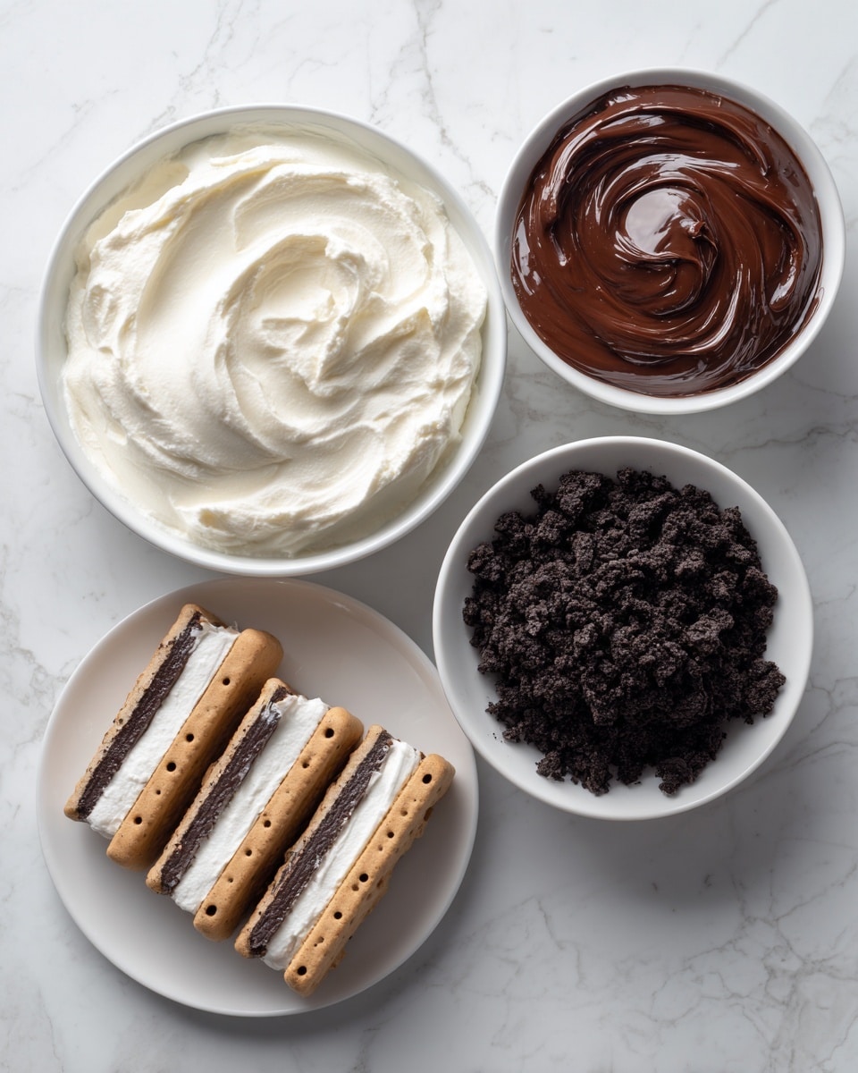 The image shows four white bowls and plates arranged on a white marbled surface. The largest bowl contains a thick, smooth layer of white cool whip with a creamy texture. To the right and slightly above it, there is a smaller bowl filled with shiny, dark brown hot fudge, swirled on top to create a glossy surface. Below that bowl is another white bowl with a rough, crumbly black mix of crushed Oreos. At the bottom of the image, a white plate holds three rectangular ice cream sandwiches, each with a light brown chocolate cookie exterior dotted with small holes, and a visible layer of white ice cream in the middle. The items are neatly spaced and presented cleanly. Photo taken with an iphone --ar 4:5 --v 7
