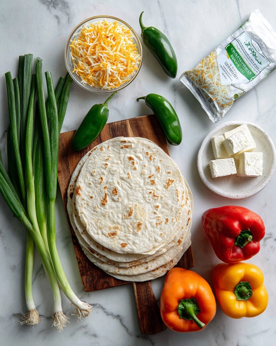 The image shows a top view of various ingredients on a white marbled surface. At the bottom center, there is a stack of four white flour tortillas on a wooden paddle. Above that, to the left, is a bunch of green onions with long green stalks and white bulbs. To the left of the center, two bright green jalapenos sit beside a small clear bowl filled with yellow and white shredded cheddar jack cheese. Above the cheese bowl are two blocks of white cream cheese on a white plate. In the top center, there is a packet of Hidden Valley Ranch seasoningl. To the right of that are two whole bell peppers, one orange and one red. The layout is neat and the colors are bright, all against a clean white marbled background. Photo taken with an iphone --ar 4:5 --v 7
