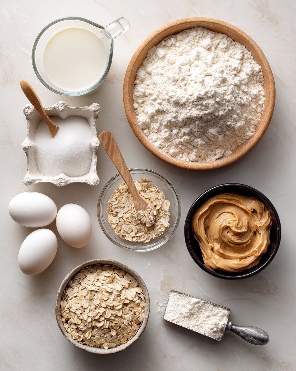 A top-down view shows various baking ingredients arranged on a white marbled surface. At the top right, a wooden bowl holds a fluffy layer of white flour. To the left, a transparent glass measuring cup contains white milk. Below the milk, a small clear bowl with a wooden spoon holds white salt. On the lower right, a black bowl is filled with smooth, creamy light brown peanut butter. Next to it, a white egg carton holds two white eggs. On the bottom left, a wooden bowl contains a pile of white sugar, and nearby, a metal scoop holds a layer of light beige oats. A white measuring spoon filled with white baking powder lies next to the peanut butter. Each ingredient is clearly separated and sits on the smooth marbled background with black text labels pointing to each one, creating a neat and organized recipe layout. Photo taken with an iphone --ar 4:5 --v 7