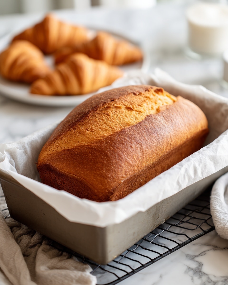 A golden brown loaf of bread rests in a rectangular metal baking pan lined with white parchment paper, showing a rough crack along the top center revealing a lighter, airy inside texture. The pan is placed on a black cooling rack over a white marbled surface, giving a clean and bright kitchen feel. The loaf has a firm crust with a slight shine and a soft center visible through the crack. In the background, out of focus, is a white plate holding several light tan croissants. Photo taken with an iphone --ar 4:5 --v 7