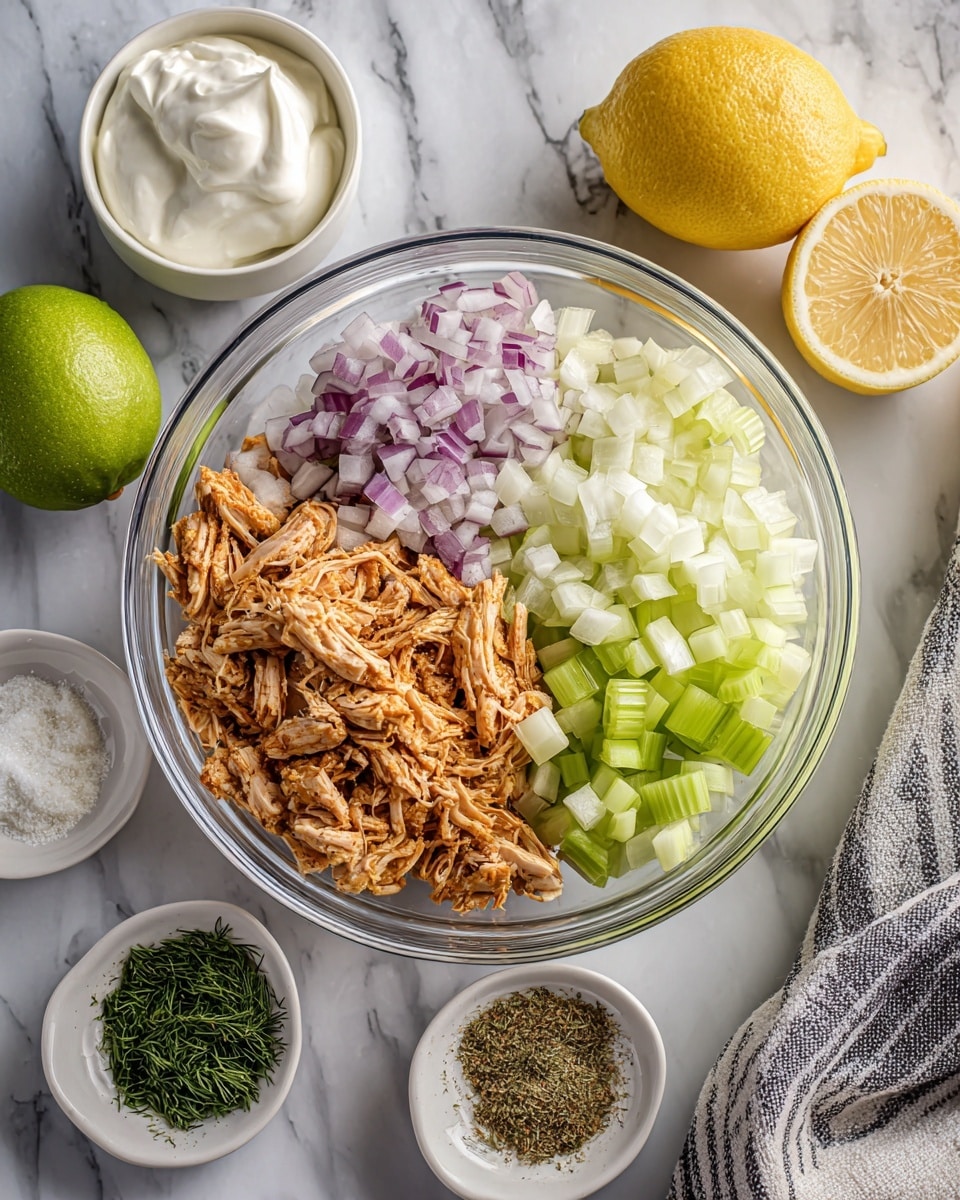 The image shows a clear glass bowl filled with three main layers of ingredients: shredded cooked chicken pieces on the right side, chopped red onions on the top left, and sliced green celery sticks below the onions. Surrounding the bowl on a white marbled surface are small white bowls and whole ingredients: a whole lime on the top left, a small white bowl of thick Greek yogurt in the center, a whole lemon on the top right, a small white bowl of mayonnaise below the lime, and a small white plate on the right side with small piles of dried dill, salt, lemon pepper, and garlic powder. The colors are vibrant and clear, with natural lighting highlighting the fresh textures. A part of a gray and white striped kitchen towel is visible on the bottom right edge of the image. Photo taken with an iphone --ar 4:5 --v 7