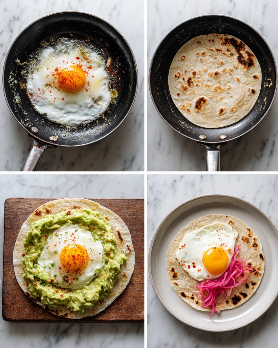 A sequence of six images shows the making of a breakfast tortilla wrap. The first three images feature a black frying pan on a white marbled surface, where an egg is being cooked sunny-side up; the egg white spreads out wide and slightly crispy with golden brown edges, while the yolk remains bright orange and whole, sprinkled with red flakes seasoning by the last stage. The fourth image shows a lightly browned tortilla with dark spots heating directly over a stove burner. The fifth image reveals the tortilla placed on a wooden board, generously covered with mashed avocado spread in a rough, textured layer across the entire surface. The final image displays the completed wrap on a white plate with a white marbled background, showing the cooked egg on top of the avocado with red flakes seasoning and bright pink pickled onions scattered over the egg white and edges. photo taken with an iphone --ar 4:5 --v 7