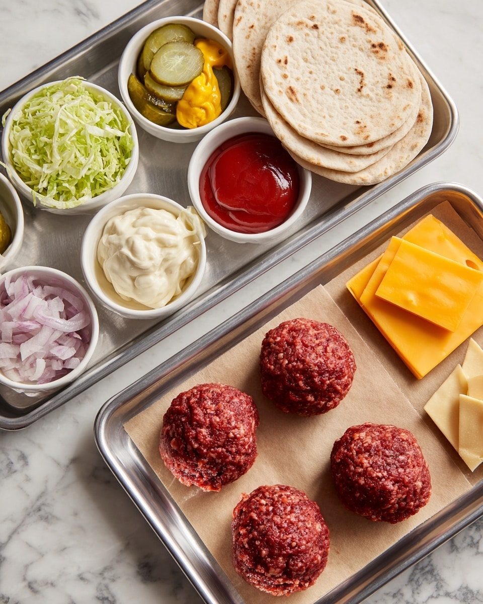 The image shows two metal trays on a white marbled surface. The left tray has small white bowls filled with shredded green lettuce, creamy mayonnaise, red ketchup, chopped white onions, yellow mustard, and sliced pickles. Next to the bowls, there are several pieces of round, light beige flatbread and three slices of yellow cheese stacked neatly. The right tray holds four raw red meat balls on brown parchment paper, arranged in a square shape with two meat balls at the top and two at the bottom. The overall colors are bright and fresh, with the red meat balls contrasting with the light tones of the other ingredients. Photo taken with an iphone --ar 4:5 --v 7