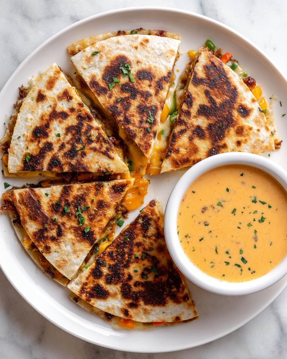 A round flatbread quesadilla cut into six triangular pieces is shown on a white plate, revealing a slightly browned, crispy top layer with darker toasted spots. Inside, there is a visible mix of melted cheese and small bits of green and orange vegetables, like bell peppers or jalapeños. To the right of the quesadilla slices, there is a small white bowl filled with a creamy, light orange sauce that has a smooth texture with small herbs visible in it, all on a white marbled surface. photo taken with an iphone --ar 4:5 --v 7