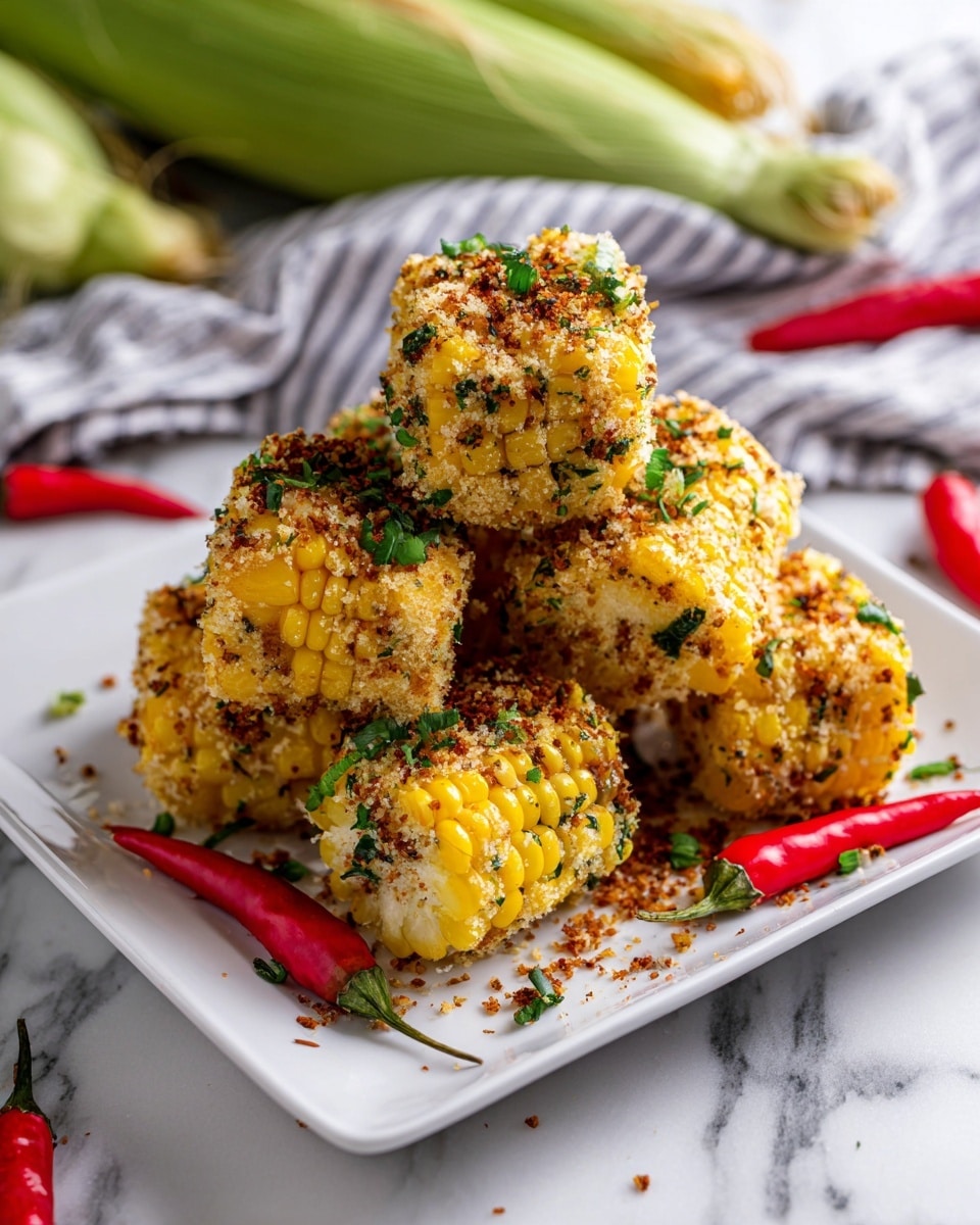 The image shows a white square plate filled with six pieces of corn on the cob, each coated in a crumbly, pale yellow mixture with green herbs and brown spices sprinkled on top. The corn pieces are stacked unevenly, creating a small pile with some pieces leaning sideways. Around the plate, there are a few red chili peppers, adding a contrast of bright red color. The table surface has a white marbled texture, and behind the plate, there are some fresh corn cobs with green husks partially peeled back, slightly out of focus. A striped cloth lies near the plate's edge. The photo is taken with an iphone --ar 4:5 --v 7