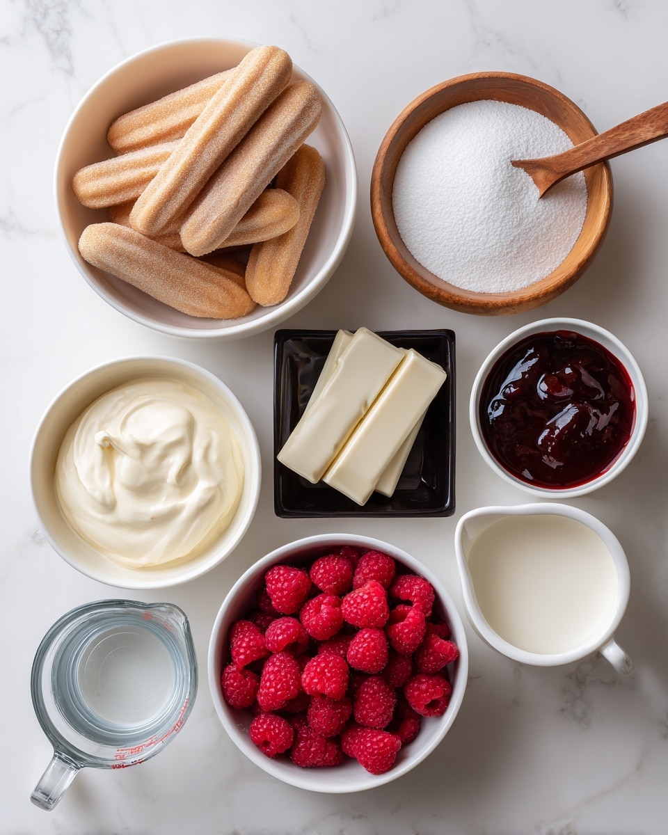 The image shows several white bowls and a white cup placed on a white marbled surface. Starting from the top left, one bowl is filled with light brown lady finger cookies that have a slightly powdery texture. To the right is a wooden bowl filled with white granulated sugar and a wooden spoon resting in it. Below the sugar bowl, there is a small black dish with a white chocolate bar placed over some grated white chocolate. To the left of this dish is a white bowl filled with smooth, creamy mascarpone cheese. Below the mascarpone is a white bowl packed with bright red fresh raspberries that have a bumpy texture. To the right of the raspberries is a white bowl filled with dark red raspberry preserves, which look thick and shiny. Below the preserves is a white measuring cup filled with smooth, white whipping cream. To the left of the whipping cream is a clear glass measuring cup filled with water. Lastly, near the bottom center, there is a small white bowl with light brown vanilla extract. The bowls and cups are neatly arranged with clear, simple food labels above or next to them. photo taken with an iphone --ar 4:5 --v 7