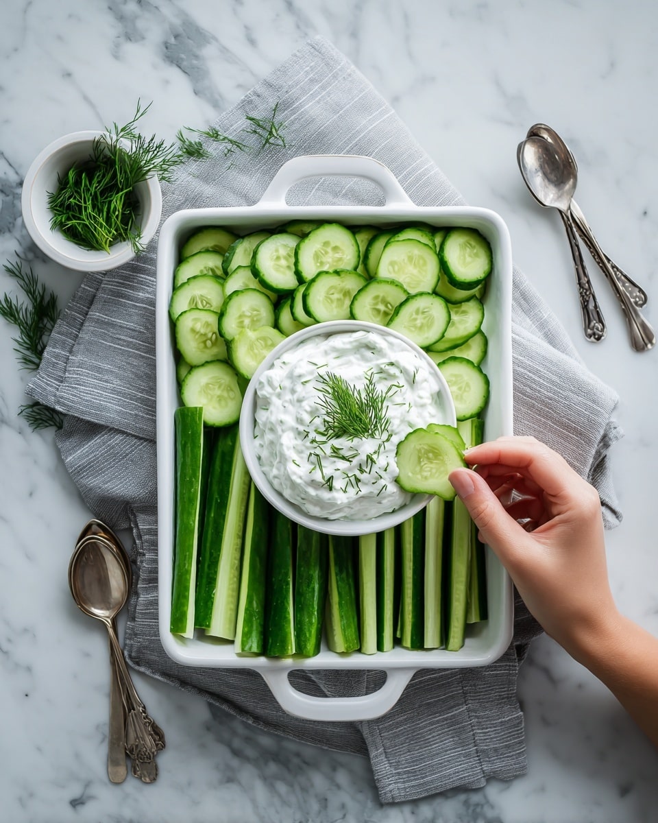 A white rectangular dish lined with white paper holds a small round white bowl filled with creamy white dip topped with green dill sprigs in the center. Around the bowl, thin green cucumber slices are arranged in a curved line along one side, while long cucumber sticks with dark green skin are placed standing upright along the opposite side. A woman's hand is dipping a cucumber slice into the bowl. Outside the dish, cucumber slices and a small white bowl of dill are placed on a white marbled surface, with two silver spoons and a grey striped cloth nearby. Photo taken with an iphone --ar 4:5 --v 7