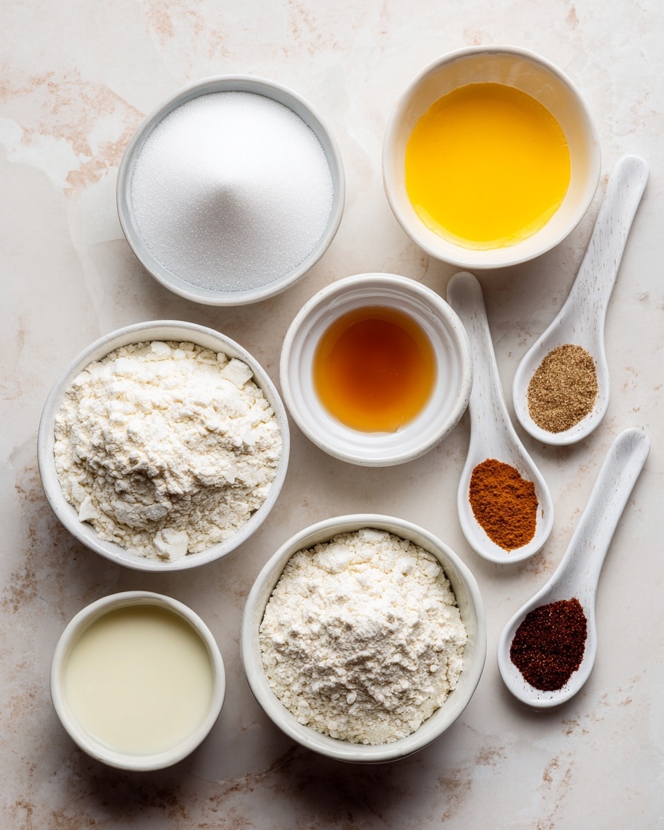 The image shows seven small white bowls arranged on a white marbled surface, each containing a different baking ingredient. At the top left, there is a bowl of white sugar with a smooth texture. To the right, a bowl of bright yellow melted butter has a slightly shiny surface. Below the sugar bowl is a small bowl with creamy milk, light off-white in color. Next to it on the right is a tiny bowl with amber-colored vanilla extract that has a glossy liquid look. In the bottom left corner is a white bowl filled with fine white flour. To the right of the flour bowl, two small white spoons hold ground spices; the first spoon has a mix of light brown nutmeg and white baking powder, and the second spoon contains dark reddish-brown cinnamon powder. The bowls and spoons rest evenly spaced on the white marbled background. photo taken with an iphone --ar 4:5 --v 7