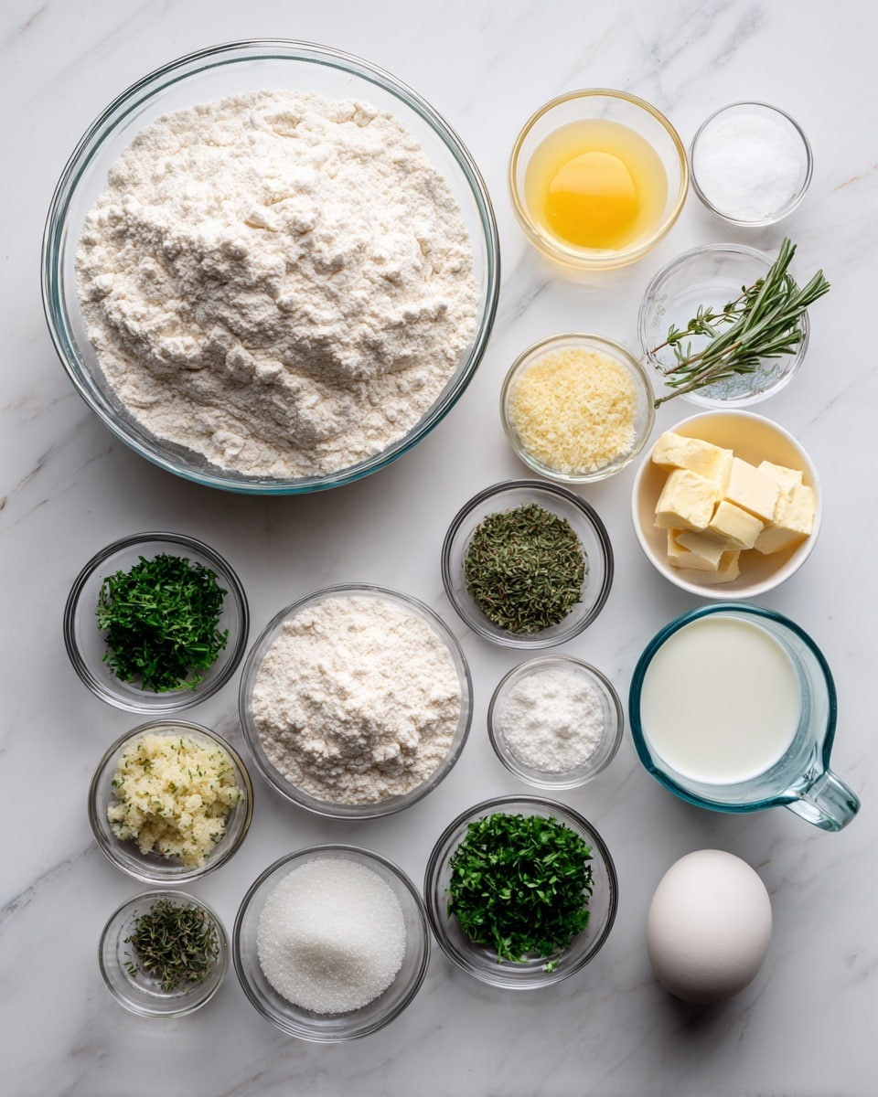 The image shows several small clear glass bowls and a clear large bowl arranged on a white marbled surface. The large bowl on the left is filled with off-white flour that has a soft texture and slight peaks. To the right, there are ten small round bowls each holding different ingredients: finely chopped green parsley, minced yellow garlic, light beige active dry yeast, white salt, small green rosemary leaves, white sugar, a whole white egg, small green thyme leaves, pale yellow melted butter, and a clear measuring cup filled with white milk. Each bowl's ingredients show different textures and colors, arranged neatly in a grid pattern. Photo taken with an iphone --ar 4:5 --v 7