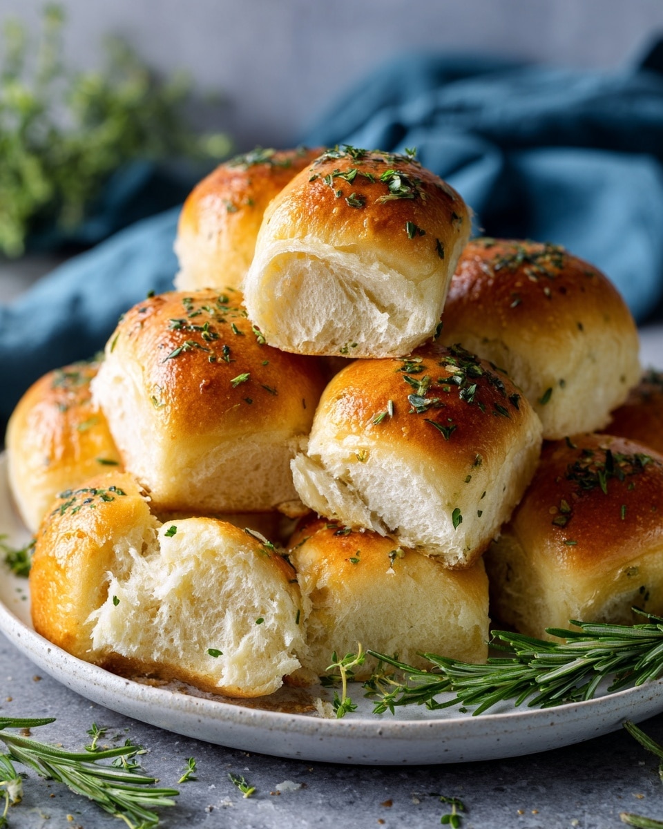 A plate filled with freshly baked dinner rolls stacked in a small pile, each roll showing a golden brown top sprinkled with chopped green herbs like rosemary and thyme. The bread looks soft and fluffy with a light, airy texture inside visible on some torn pieces. The plate is placed on a grey surface draped with a blue cloth in the background, and fresh sprigs of rosemary and thyme lie around, adding a fresh touch. Photo taken with an iphone --ar 4:5 --v 7