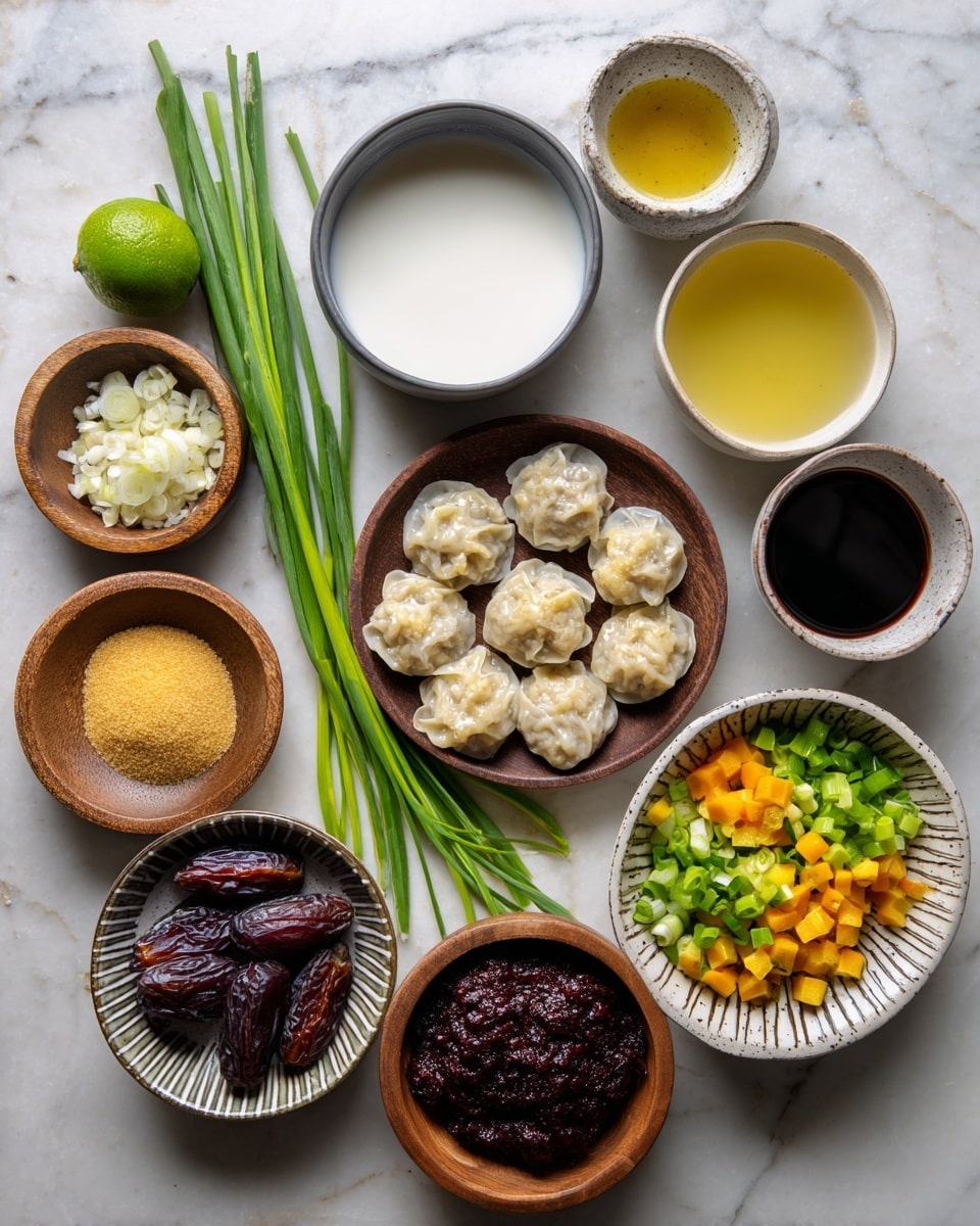 A dark table with several small dishes and ingredients arranged neatly: at the center, a round brown plate holds a layer of light yellow frozen Asian dumplings arranged in a circle; above to the left is a gray bowl filled with white creamy coconut milk; to the right of that, a white bowl contains light yellow chicken broth; below the coconut milk is a small wooden bowl with chopped white garlic, next to it a lime of bright green color; a cluster of fresh green onions is placed between the lime and the dumplings; below the garlic, a small wooden bowl holds light yellow minced ginger; to the right of the chicken broth, a small striped bowl has two dark reddish dates and a small mound of brown sugar or date paste; below that, a wooden bowl has dark red Thai red curry paste; next to it, another wooden bowl contains dark brown fish sauce; at the bottom right corner, a white bowl is filled with frozen mixed colorful veggies including green, orange, and red pieces. All sit on a white marbled textured surface photo taken with an iphone --ar 4:5 --v 7