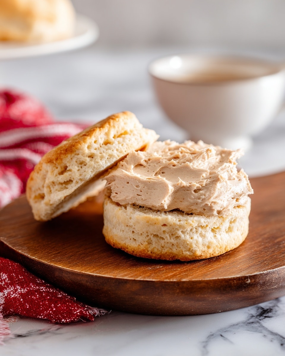 A golden brown biscuit cut in half, with the top half slightly lifted showing a thick layer of light brown creamy spread inside. The biscuit has a soft, fluffy texture with a slightly crispy edge and is placed on a round wooden board. The board sits on a white marbled surface, and a red and white cloth is partially visible on the left side. In the background, there is a blurred white bowl. Photo taken with an iphone --ar 4:5 --v 7