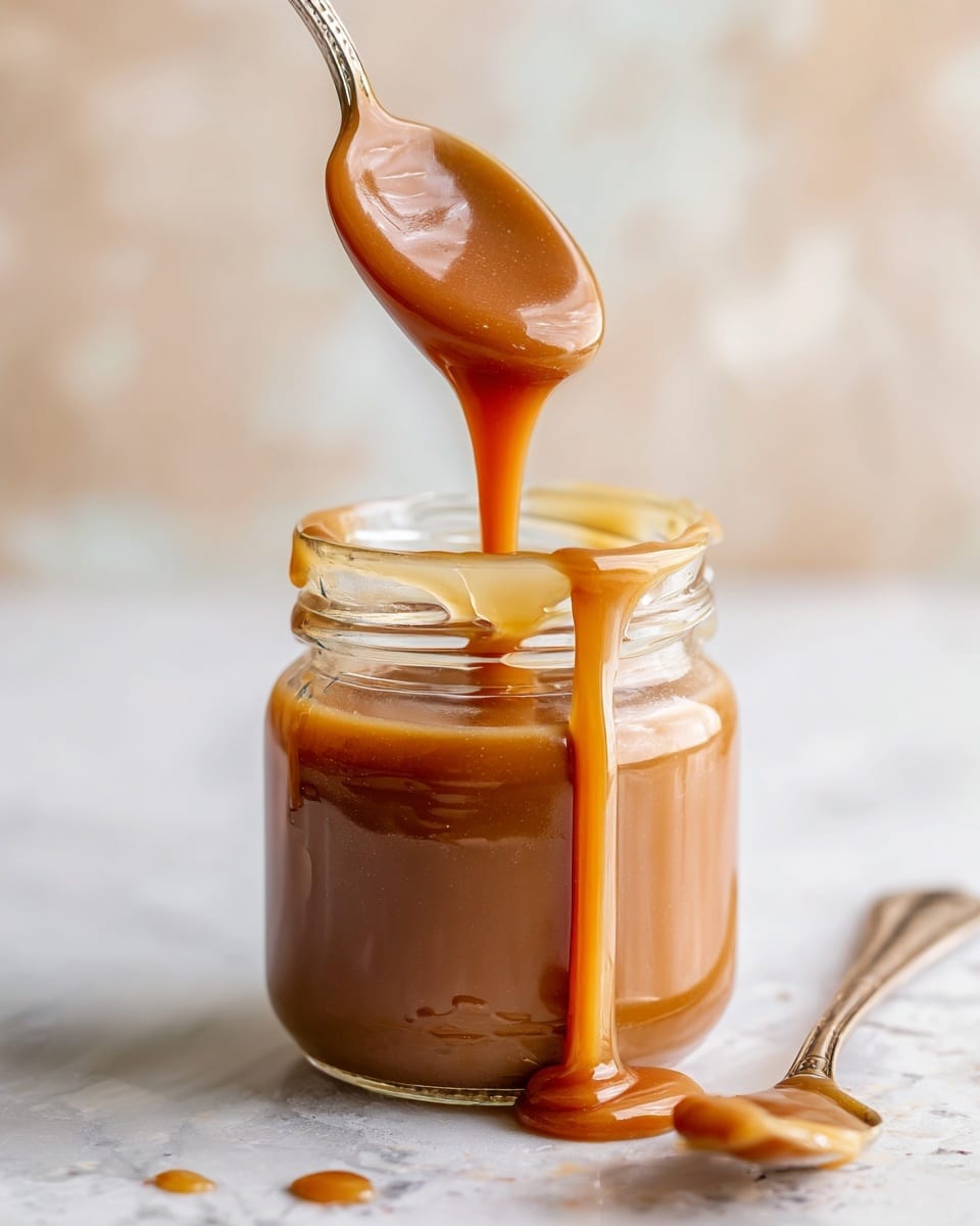A clear glass jar filled to the top with smooth, light brown caramel sauce that is dripping slowly down the side, creating a thick stream; the jar sits on a white marbled surface with a blurred background featuring soft beige and white tones, and a spoon filled with caramel lies beside the jar on the surface; the light makes the caramel look glossy and creamy photo taken with an iphone --ar 4:5 --v 7