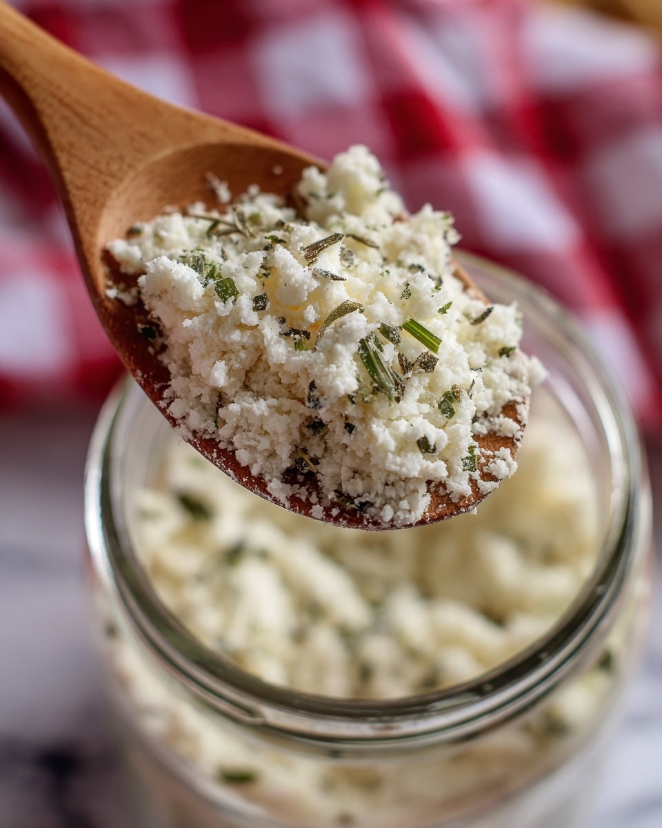 A close-up image showing a wooden spoon holding a crumbly white mixture with small green herb pieces scattered throughout. The spoon is lifted above a clear glass jar filled with the same mixture, which has a rough but soft texture. The background features a blurred red and white checkered cloth, and the surface underneath is a white marbled texture. Photo taken with an iphone --ar 4:5 --v 7