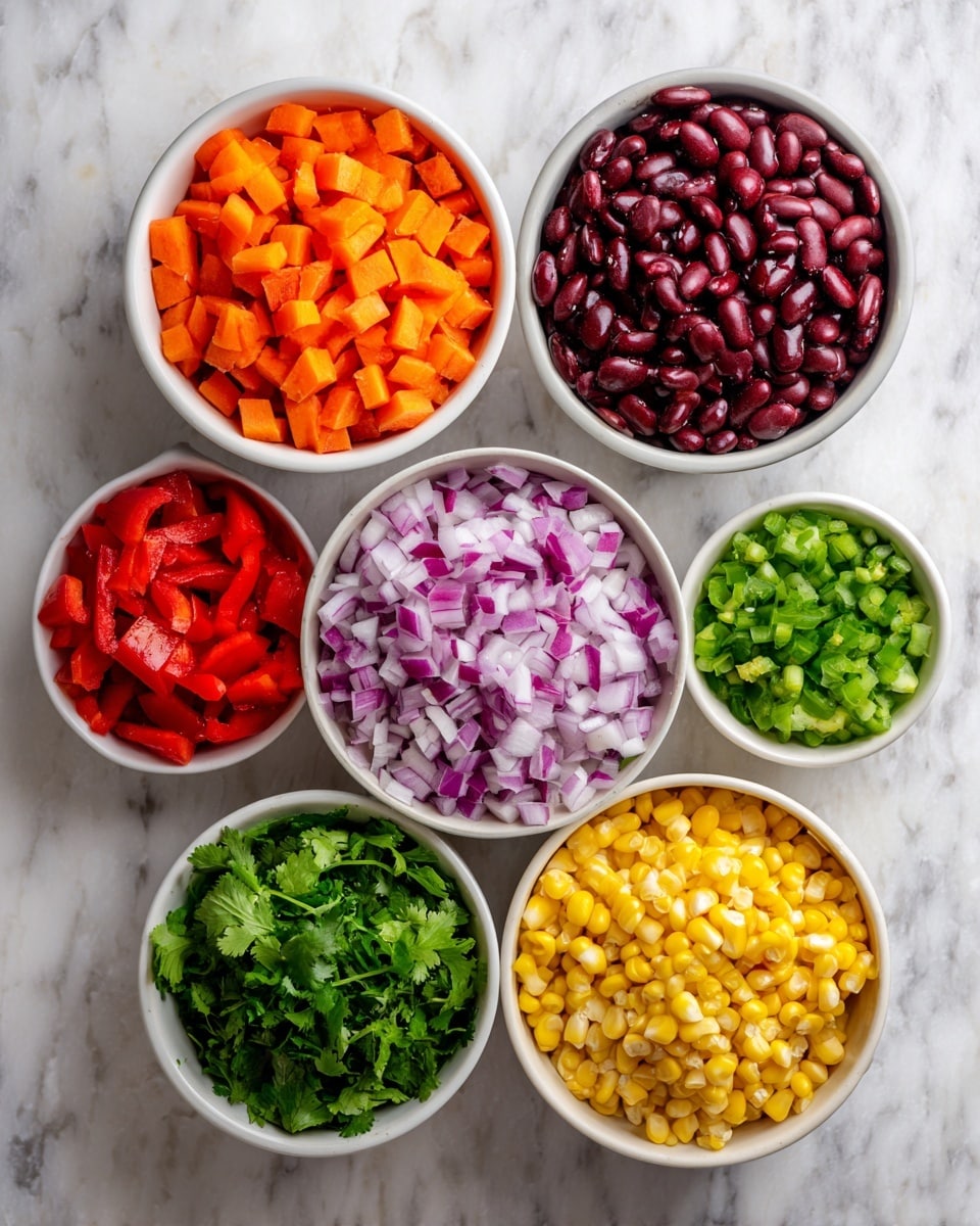 Six white bowls arranged on a white marbled surface, filled with colorful chopped ingredients: the top right bowl is full of dark red beans with a smooth texture; to the left, a bowl holds bright orange diced carrots; below the carrot bowl is a bowl with finely chopped purple onions showing a mix of white and purple bits; next to the onion bowl is a smaller bowl with fresh green cilantro leaves; below the onion bowl is a bowl filled with red bell pepper pieces; and the bottom right bowl holds bright yellow corn kernels, all neatly contained and vibrant. photo taken with an iphone --ar 4:5 --v 7