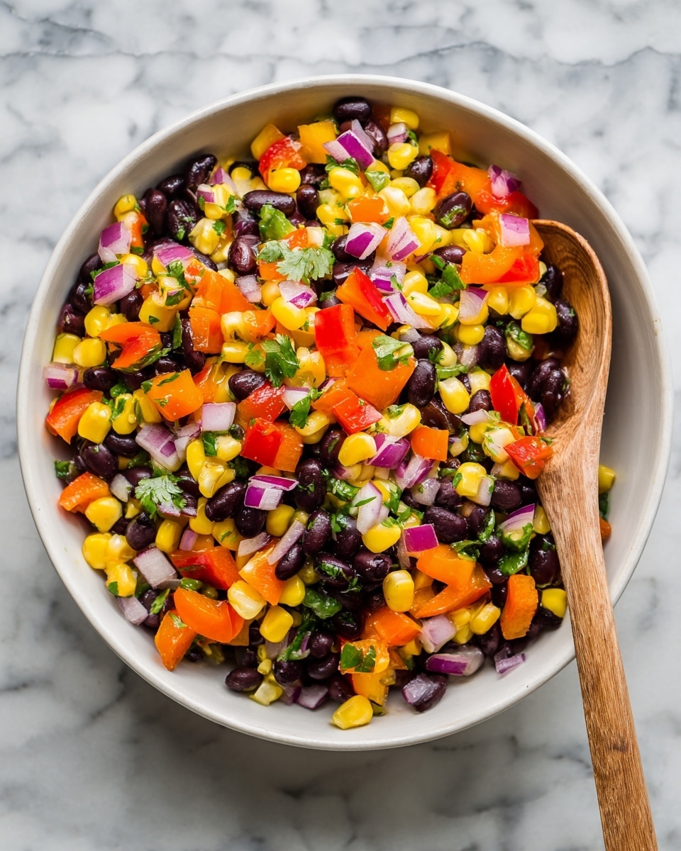 The image shows a colorful salad in a white bowl placed on a white marbled surface. The salad has three main layers mixed together: small black beans forming a dark, glossy base; bright yellow corn kernels adding a soft texture; and diced red and orange bell peppers creating a crunchy and vibrant contrast. Scattered throughout are small bits of purple onion and green cilantro leaves, adding splashes of color and freshness. There is a wooden spoon resting on the right side inside the bowl. The photo taken with an iphone --ar 4:5 --v 7