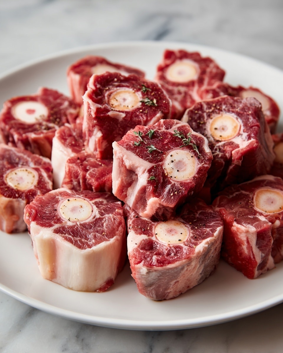 A white plate filled with many pieces of raw meat with bones in the center. Each piece has a round bone with light pink fat and dark red meat surrounding it. The meat pieces are stacked closely together, showing a mix of white fatty parts and red textured meat. There is a light sprinkle of black pepper on top of the meat. The plate sits on a white marbled surface. Photo taken with an iphone --ar 4:5 --v 7