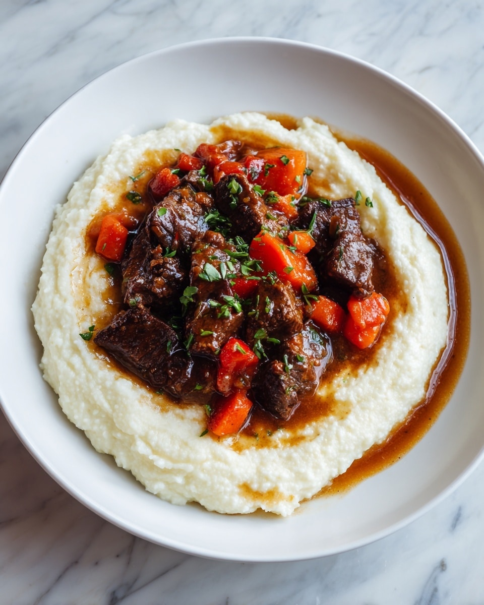 A white plate holds a dish with two main layers. The base layer is a thick, creamy mashed substance in a soft white color, spread roughly around the plate's edge with a slightly uneven, textured surface. On top, the second layer is a stew made of dark brown chunks of tender meat mixed with bright orange carrot pieces and small bits of red tomato, all coated in a shiny, rich brown gravy. Scattered green herbs garnish the stew, adding a fresh pop of color, and the sauce slightly pools around the edges where it meets the mashed base. The scene includes a white marbled surface beneath the plate. photo taken with an iphone --ar 4:5 --v 7
