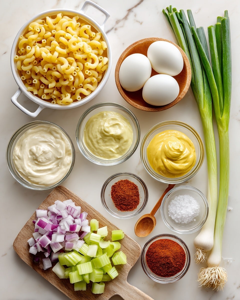 The image shows cooking ingredients arranged over a white marbled surface with text labels for each. At the bottom left, a white colander filled with yellow elbow macaroni pasta sits. Above it to the right, a small wooden bowl holds six whole white hard boiled eggs. Near the center, a clear glass bowl contains creamy white mayonnaise. Above that, a smaller clear glass bowl holds bright yellow mustard with a smooth texture. To the right, another small clear bowl has a bright red paprika powder with a spoon inside. Above that is a white round bowl holding coarse white salt with a small wooden spoon. On the left side, a wooden board holds diced purple and white onion in a clear glass bowl and diced light green celery in another clear bowl, with a celery stalk laying next to it. At the top center, several green onions with dark green tops and lighter green bottoms are spread out with a few sliced rings near them. All items are neatly placed and well lit. photo taken with an iphone --ar 4:5 --v 7