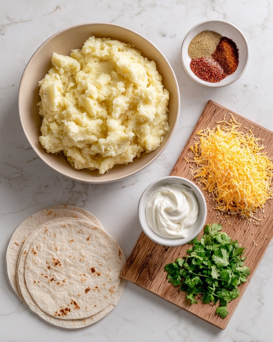 The image shows a food preparation layout on a white marbled surface. On the left, there is a large beige bowl filled with chunky mashed potatoes that have some skin on them, giving a rough texture. Above it, a small white bowl contains a mix of dry seasonings in shades of brown, tan, and red. To the right, a wooden cutting board holds several ingredients: a light yellow pile of shredded cheddar cheese at the top left, a white container filled with smooth sour cream in the center, finely chopped garlic to the right, and fresh chopped green cilantro at the bottom. Two mini white tortilla wraps are stacked and placed at the bottom left of the cutting board. Photo taken with an iphone --ar 4:5 --v 7