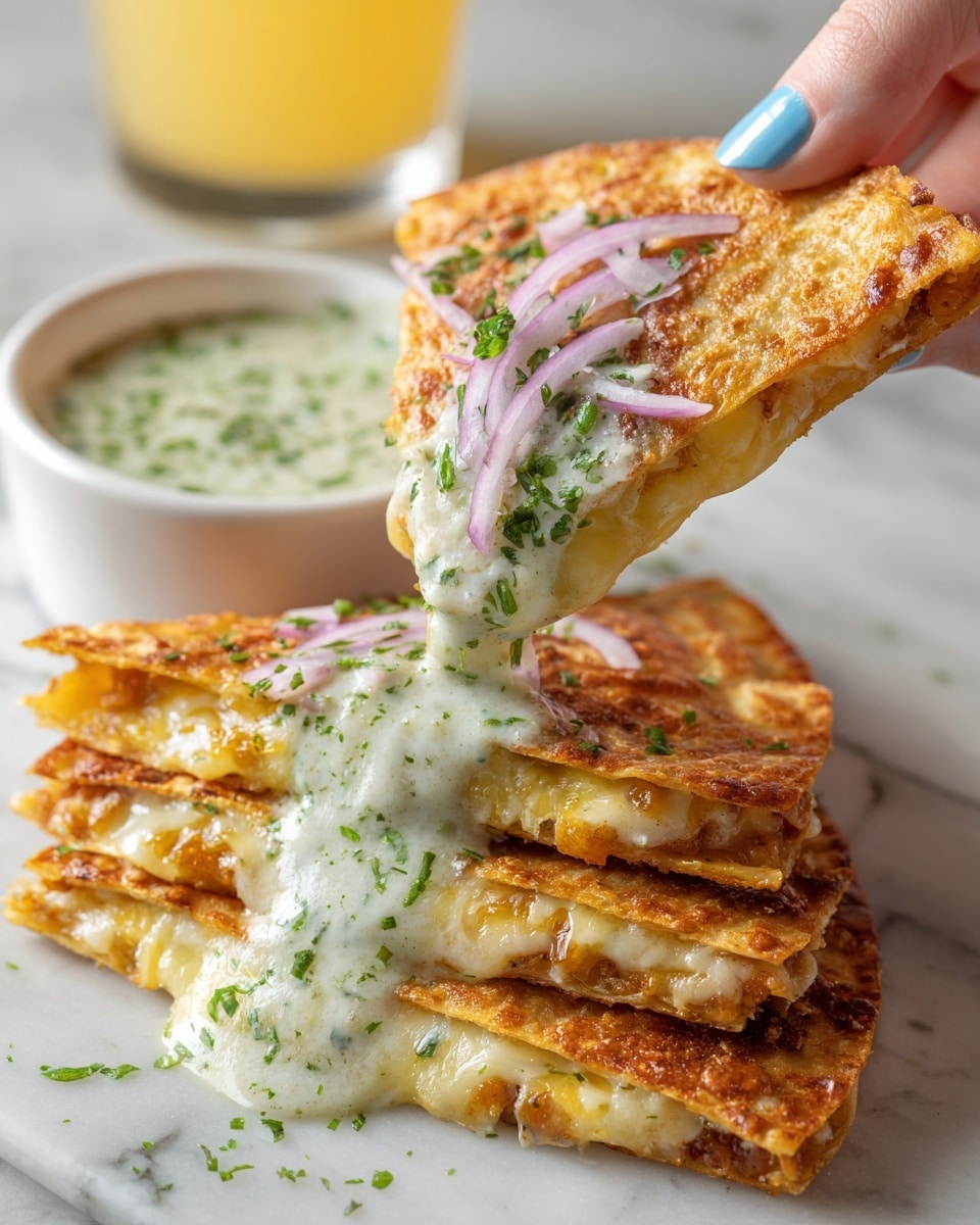 The image shows a close-up of a golden-brown folded taco with a crispy outside, filled with melted cheese and some green herbs, layered with thin slices of light purple onion on top. The taco is being dipped into a white bowl filled with creamy pale green sauce, with the sauce dripping slightly off the taco. A woman's hand with long light blue nails is holding the taco. The bowl sits on a white marbled surface, and a blurred warm yellow drink is in the background. photo taken with an iphone --ar 4:5 --v 7