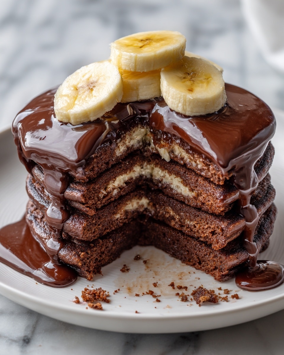 A stack of five thick dark brown chocolate pancakes is shown on a white plate with some crumbs around it. The top pancake is covered with shiny, smooth chocolate sauce that drips down the sides. Three thick slices of banana with a pale yellow color are placed on top, partially dipped in the chocolate sauce. One pancake has a big wedge cut out, showing soft and moist layers inside. The plate is on a white marbled surface. photo taken with an iphone --ar 4:5 --v 7