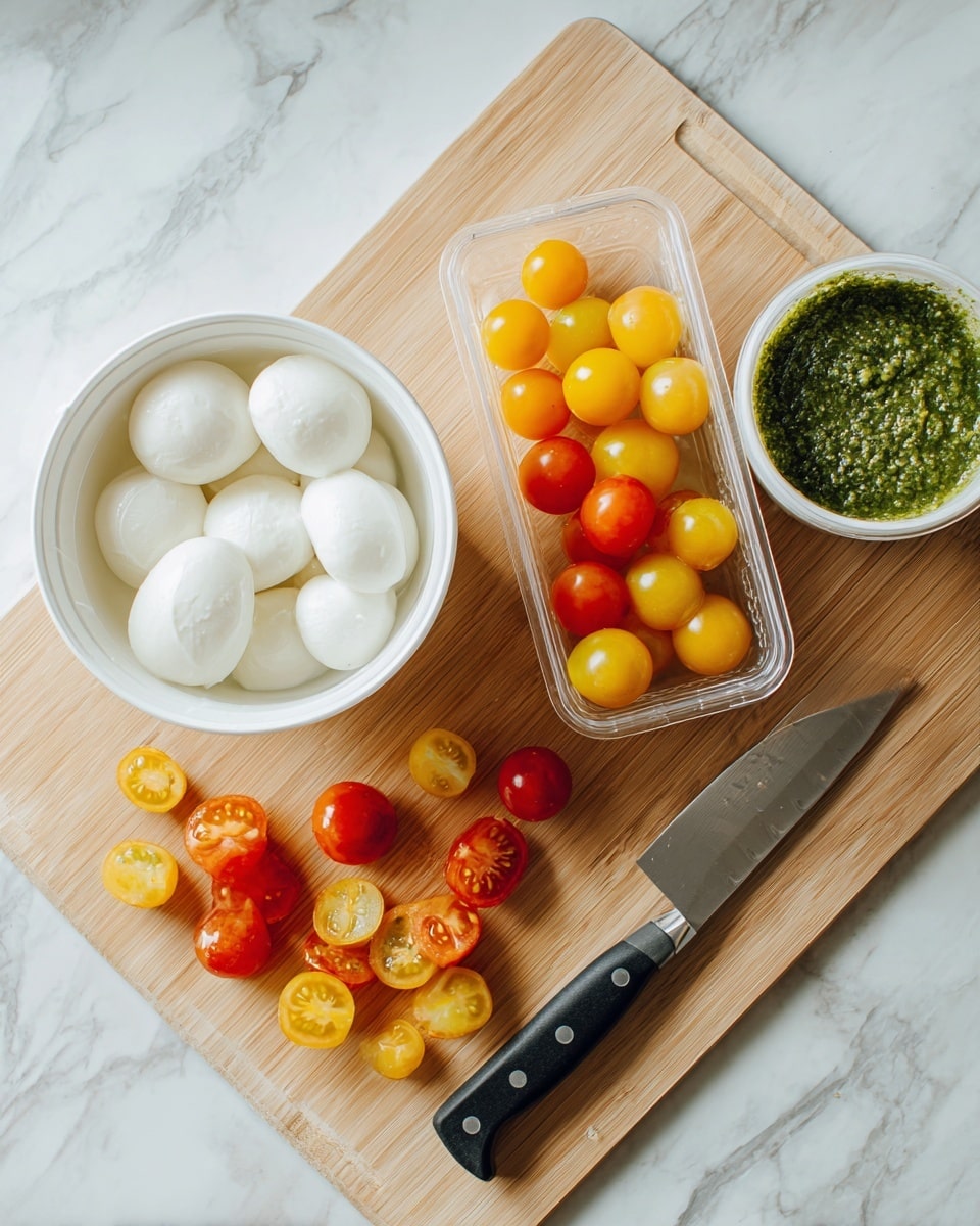 The image shows a light wooden cutting board placed on a white marbled surface. On the board's left side is a white round container holding several smooth, white mozzarella balls sitting in water. To the right of this container is a clear plastic box filled with small yellow and red cherry tomatoes. Below the box, several cherry tomatoes are cut in half, showing their juicy interiors in red and yellow colors. Near these tomatoes is a knife with a black handle and serrated edge. At the top right corner of the board, a white round container holds a green pesto sauce with a textured surface. photo taken with an iphone --ar 4:5 --v 7