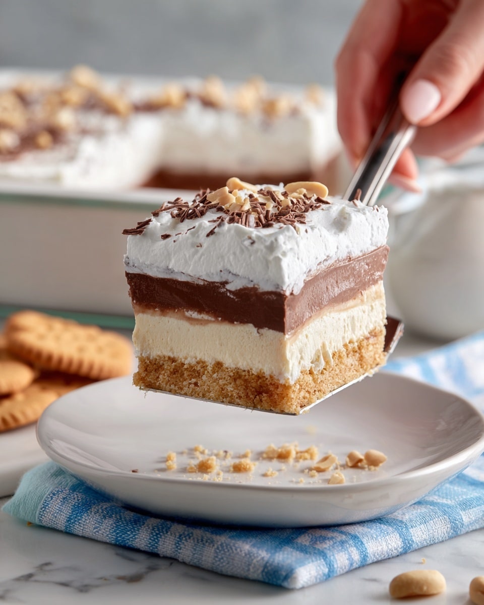 A square piece of layered dessert being held by a silver spatula with a woman's hand partially visible, showing four clear layers: a crumbly light brown base, a creamy tan layer above it, a smooth dark brown chocolate layer on top of the cream, and a thick white whipped cream layer covering the dessert. Small chocolate shavings and tiny light brown crumbs are sprinkled on the whipped cream. The dessert piece is above a white plate holding more of the same dessert, all set on a white marbled surface. In the background, a white rectangular glass dish holds the remaining dessert with a blue and white checkered cloth nearby. A few light brown peanut-shaped cookies lie next to the plate. Photo taken with an iphone --ar 4:5 --v 7